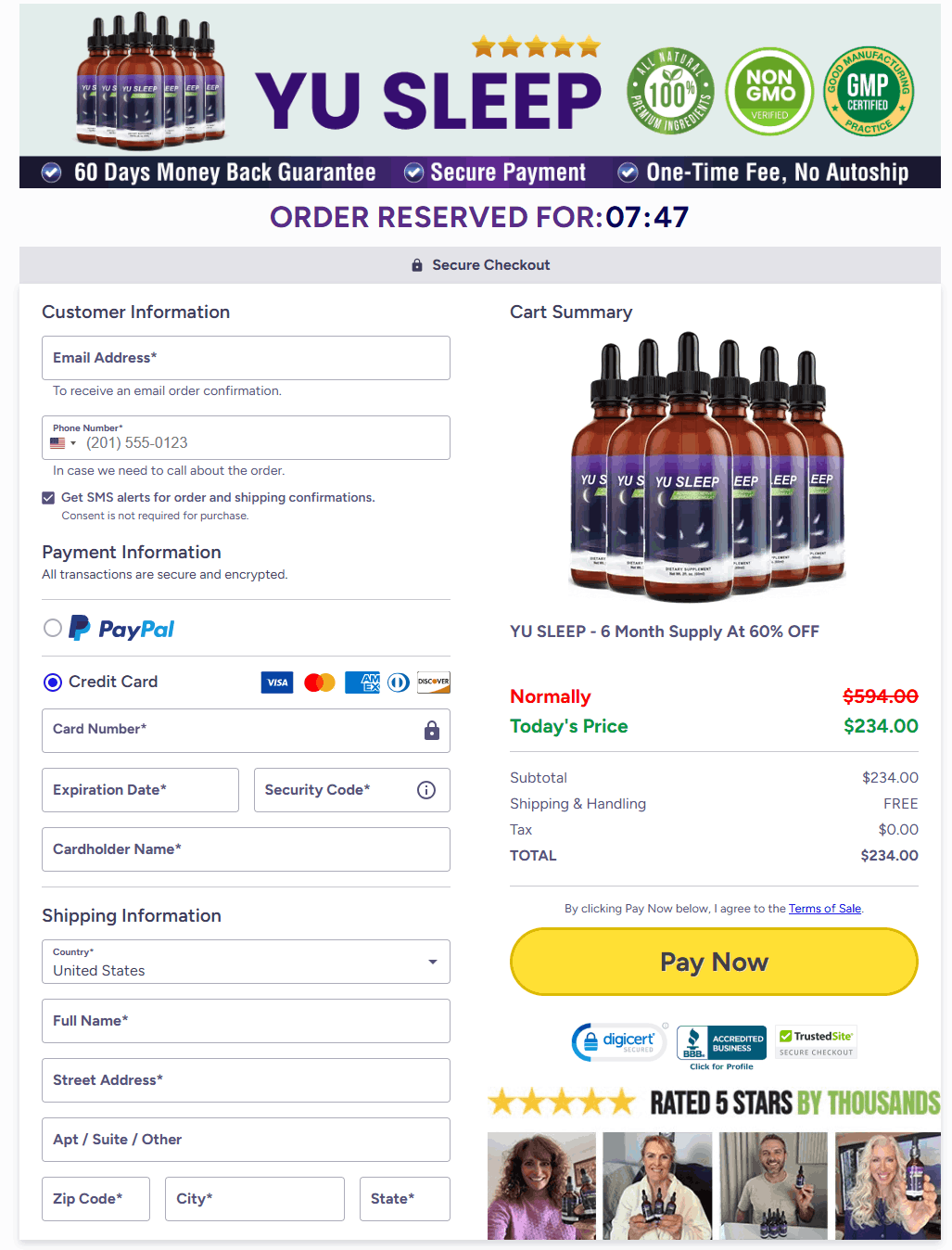 Yu Sleep secure checkout page for placing your order